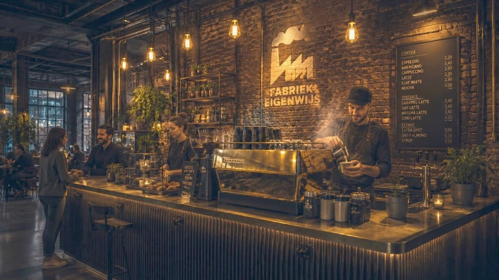 Barista-koffiebar in het fabriekskantoor van Fabriek Eigenwijs
