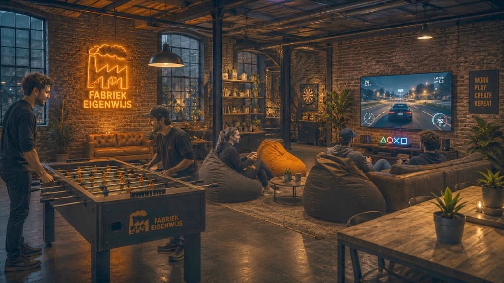 Game-corner met tafelvoetbal en PlayStation bij Fabriek Eigenwijs