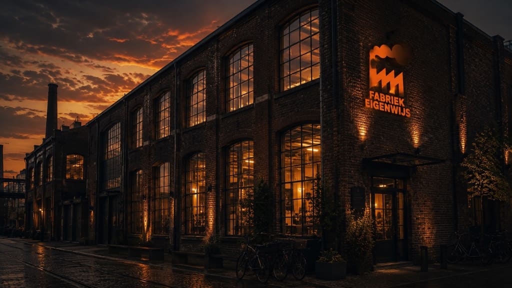 Fabriek Eigenwijs — oud fabriekspand met logo op de gevel, digitaal bouwbedrijf in Nederland