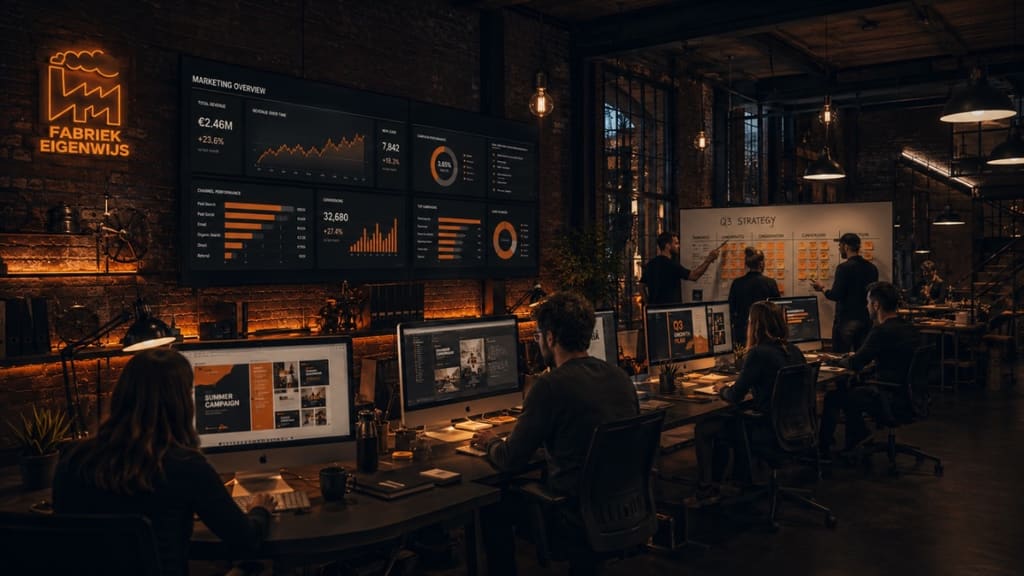 Marketing-afdeling met groene iMacs — online marketing bij Fabriek Eigenwijs