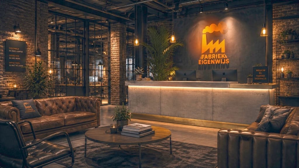 Ontvangstruimte van Fabriek Eigenwijs — warme industriële lounge met logo op de wand